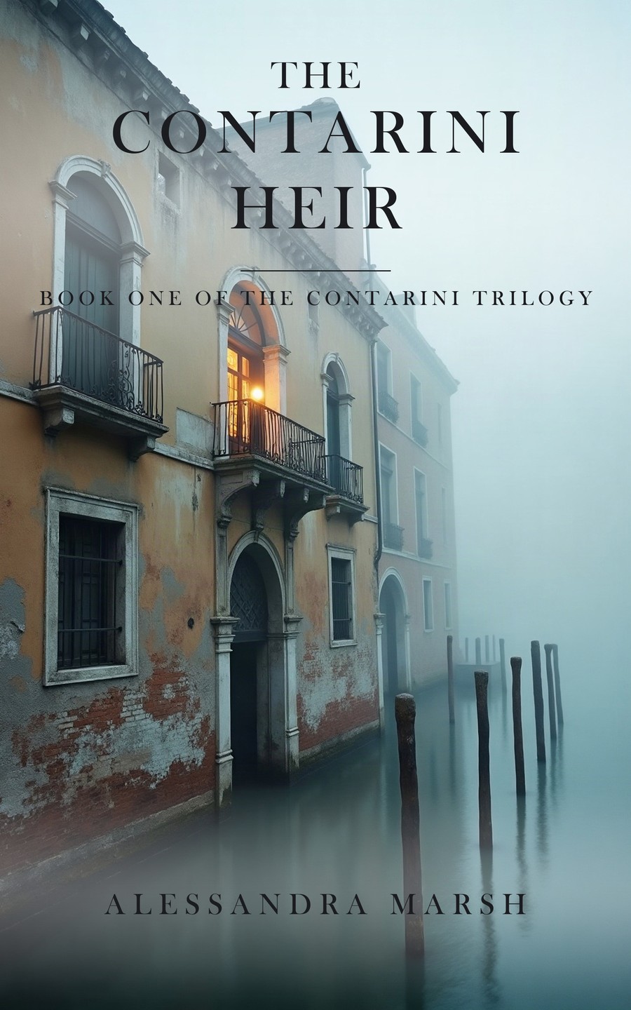 Cover of The Contarini Heir: a Venetian palazzo in fog, one window lit.